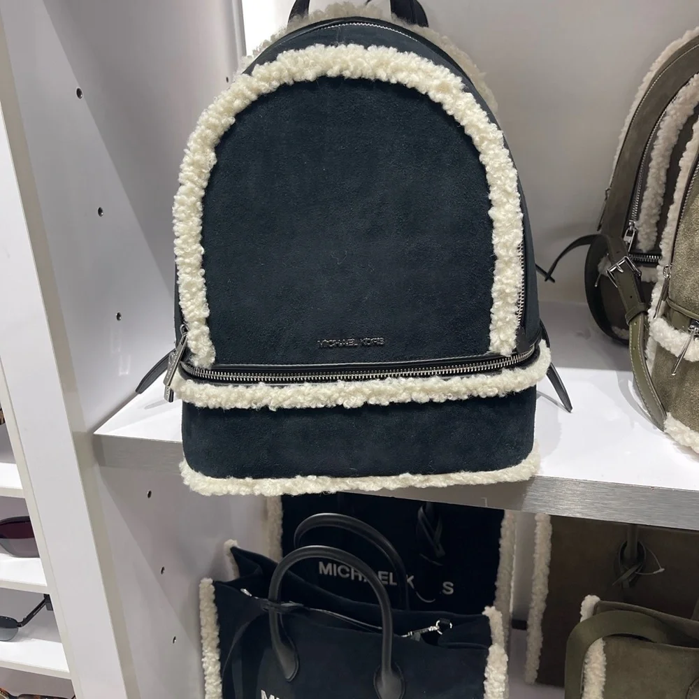 MICHAEL KORS Rhea Medium Suede and Faux Shearling Backpack Black NWT